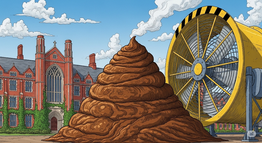 A giant fan next to a massive pile of university shit. 