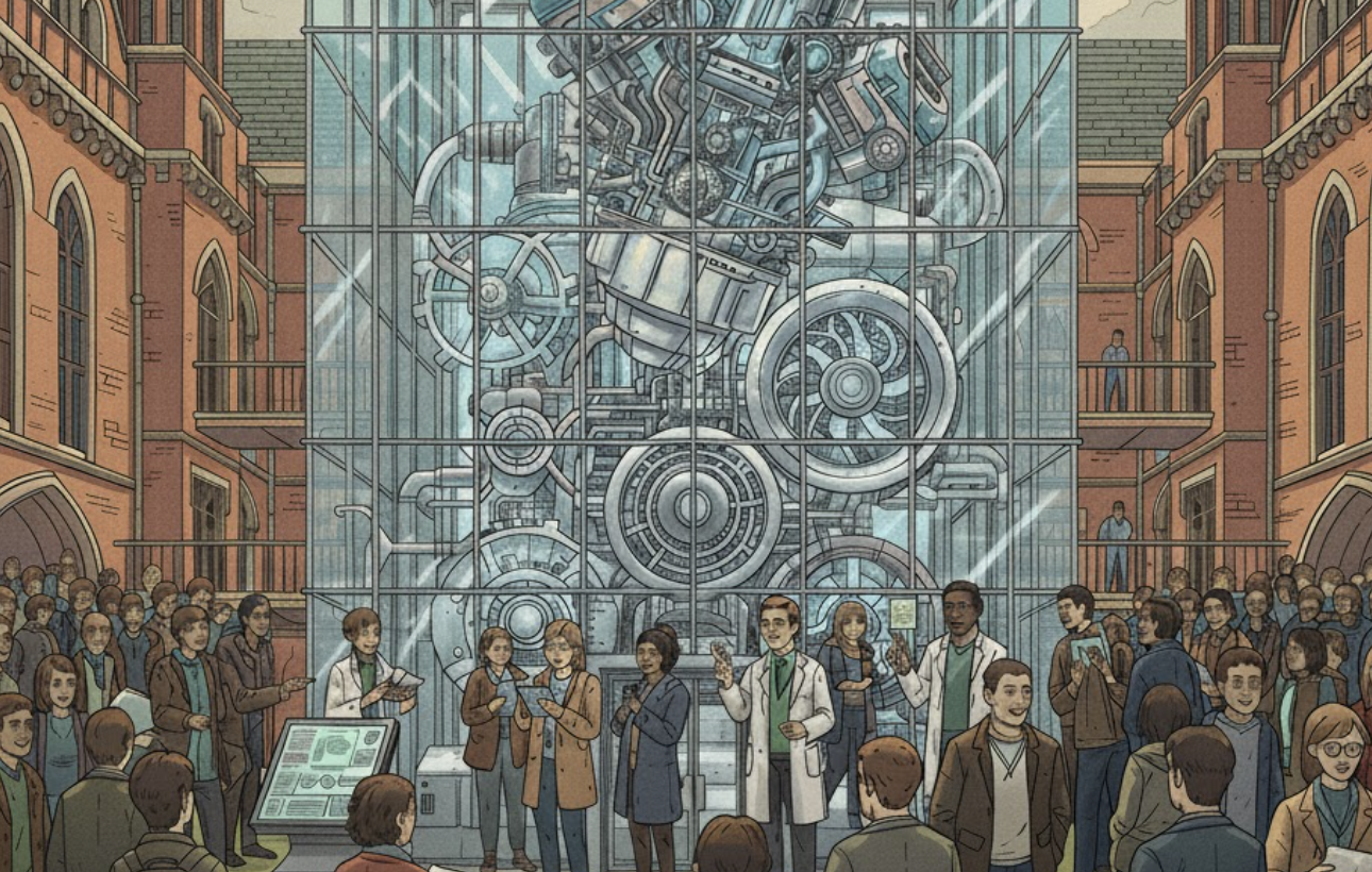 Scientists, journalists and other academics exploring and looking at a giant engine at the heart of a university building